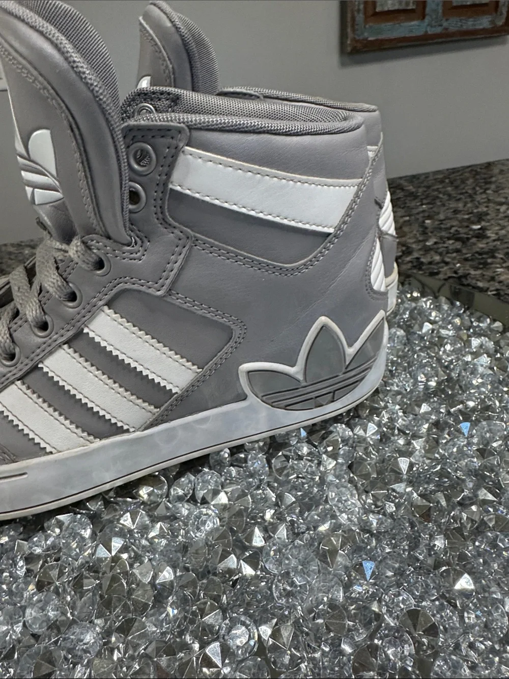 adidas Gray and White high Top Sneakers with Trefoil Logo EUC